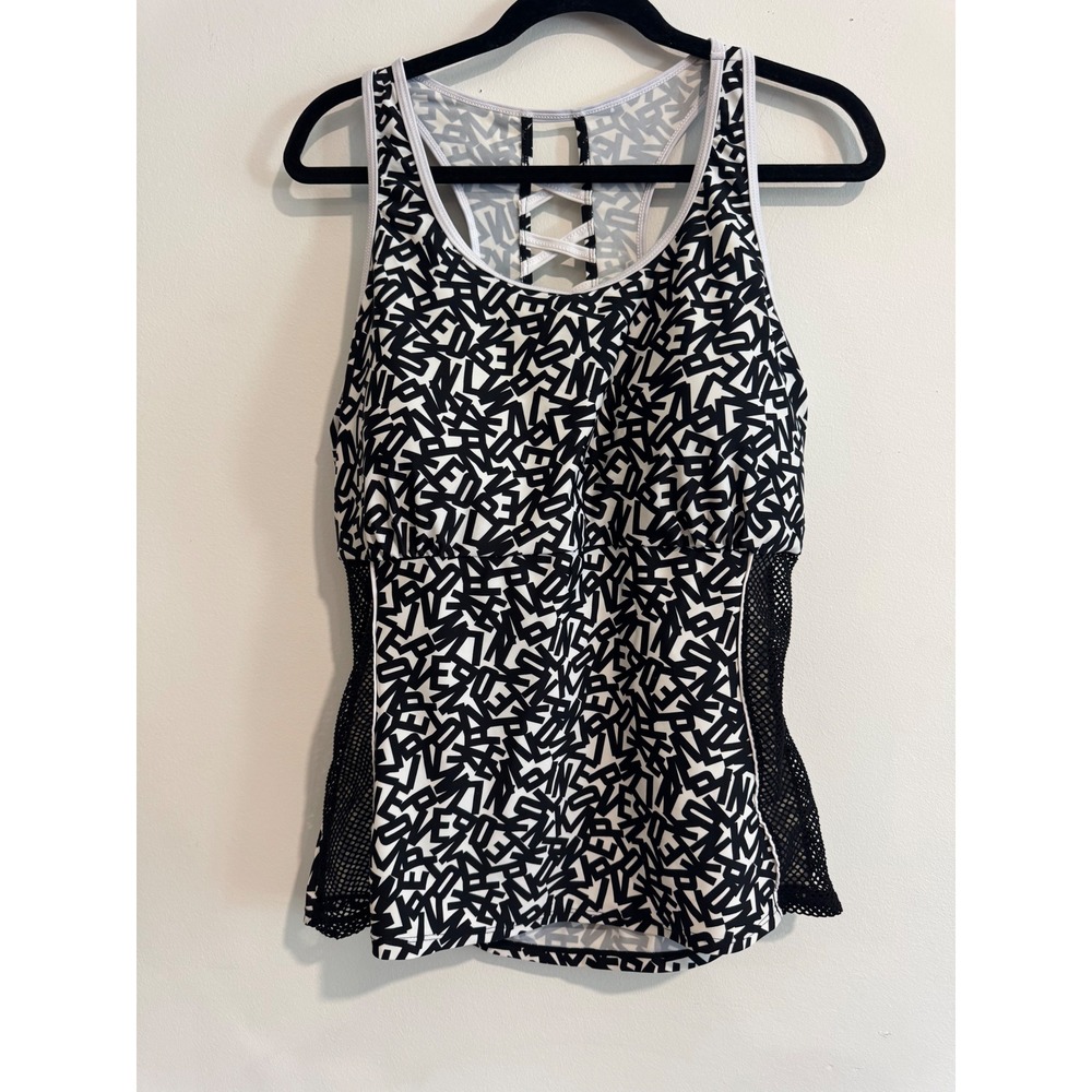 Summer Print Tankini Top Womens XXL Black White Mesh Lace Up Back